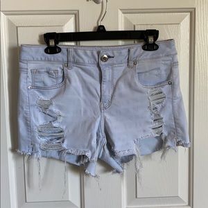 Light wash distressed denim shorts